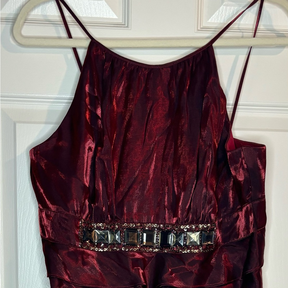 Dark Red/Maroon Iridescent Cocktail Dress with Beaded Embellishment, Size 16